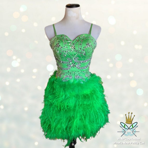 1980s Green Beaded and Marabou Feather Costume Dr… - image 2