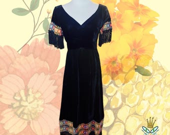 Vestido Sandine Original de terciopelo con flecos de los años 70, talla 8