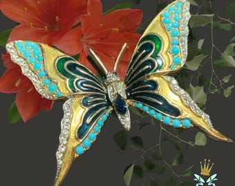Broche de mariposa con diamantes de imitación esmaltados JOMAZ de la década de 1980, sin firmar