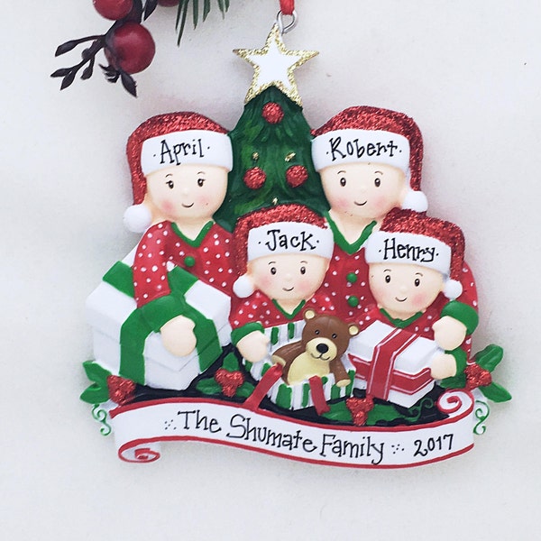 Family of Four Opening Presents Ornament / Personalized Christmas Ornament / Family of 4 Gift