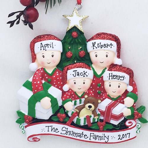 Family of Four Opening Presents Ornament / Personalized Etsy