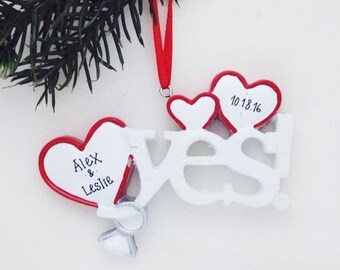 Yes! Hearts & Engagement Rings / First Christmas Ornament / Personalized Ornament / Engaged Couple / Engagement Ornament