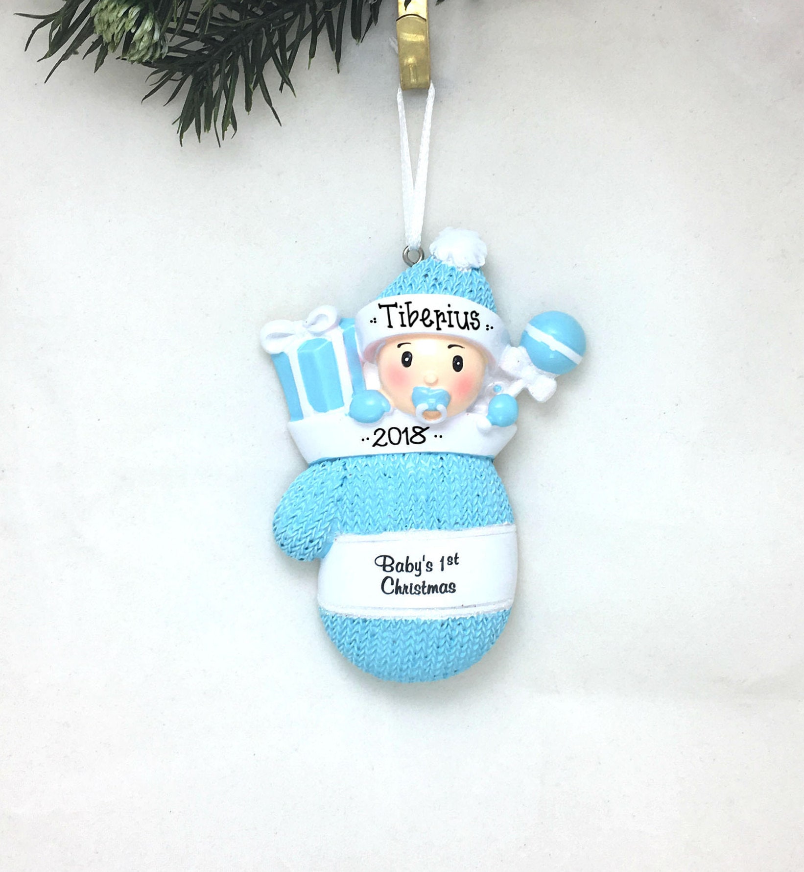 Baby Boy Blue Mitten Personalized Christmas Ornament Babys 1St Christmas Baby Boy Blue Mitten Personalized Christmas Ornament Babys 1St Christmas