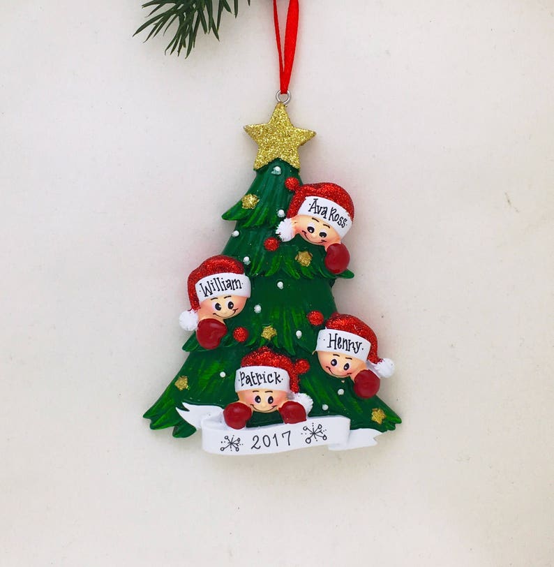 4 Happy Faces Christmas Tree Personalized Christmas Ornament Personalized Ornament Family of 4 Custom Names and Message