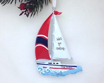 Sailboat with Red Sail Personalized Christmas Ornament / Boat Ornament / Beach Ornament / Personalized Name or Message