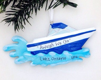 Motorboat Personalized Christmas Ornament / Blue or Red / Boat / Speedboat / Beach / Lake / Personalized Name or Message