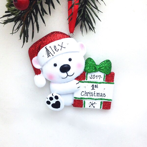 Little Bear Personalized Christmas Ornament / Baby's 1st / Baby's First Christmas / Toddler Ornament / Child Ornament / Red and Green