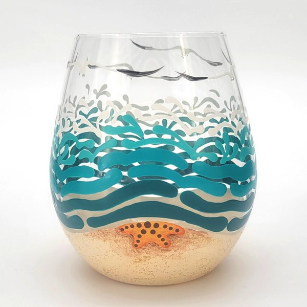 Beach Wine Glass - Stemless - Hand Painted - Summer, Tropical, Waves, Seagulls - Unique Gift Idea