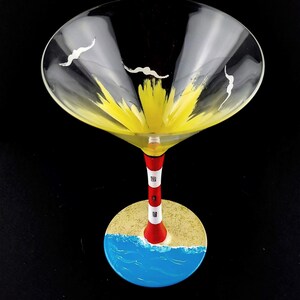 Lighthouse Martini Glass, Hand Painted, Beach, Seagulls, Light House, Waves, Sand, Beach Themed Gift Idea, Cocktail glass