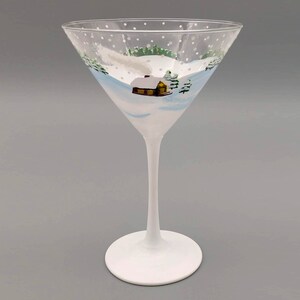 Cozy Cabin Martini Glass - Winter Snow Scene - Hand Painted - Snow Covered Pine Trees and Rolling Hills - Christmas