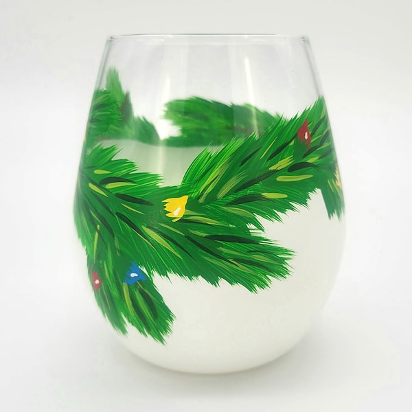 Christmas Hand Painted Wine Glasses - Stemless - Snow, Garland & Christmas Lights - Holiday Decor