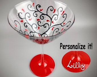 Hand Painted Martini Glass - Red and Black Swirl Design - Fancy Cocktail Glass - Unique Martini - Personalized