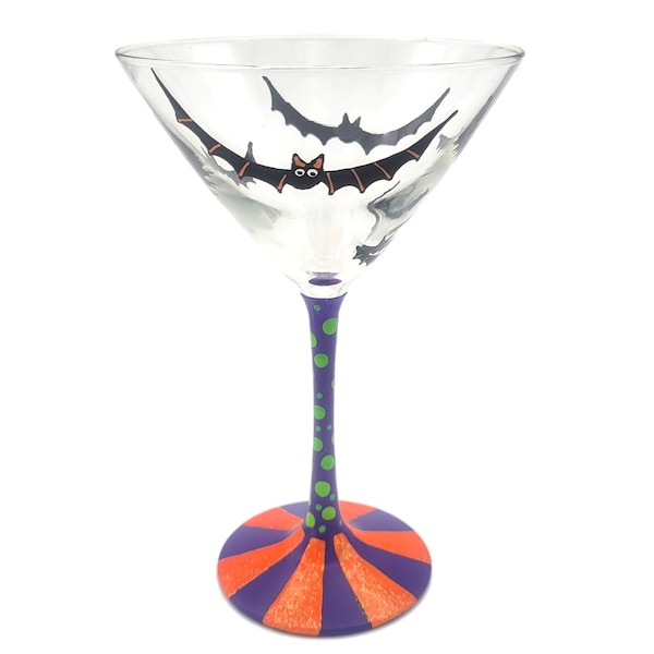 Halloween Bats Martini Glass - Hand Painted - Fun Bat Party Glasses - Orange, Green, Purple - Cocktail