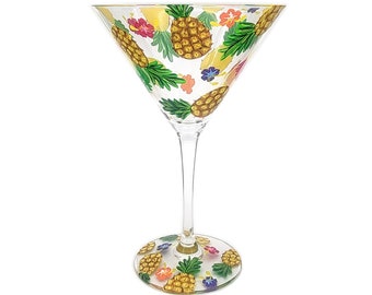 Pineapple Themed Martini Glass - Hand Painted - Pineapples and Tropical Flowers - Cocktail Party Glass - Unique Gift