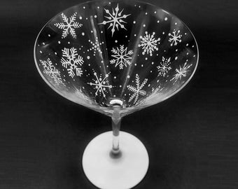 Snowflake Martini Glass - Hand Painted - Pure White Snow Flakes - Winter Cocktail Glasses - Christmas Decor