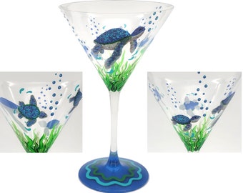 Sea Turtles Martini Glass - Tropical, Ocean, Summer - Hand Painted - Unique Cocktail Gift Idea