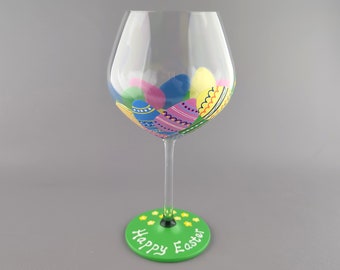 Happy Easter Wine Glass - Hand Painted - Fun Decorated Pile of Eggs with "Happy Easter" and Spring Flowers