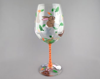 Bunny Themed Wine Glass - Hand Painted - Rabbits Having Fun & Their Favorite Snacks - Great for Easter!