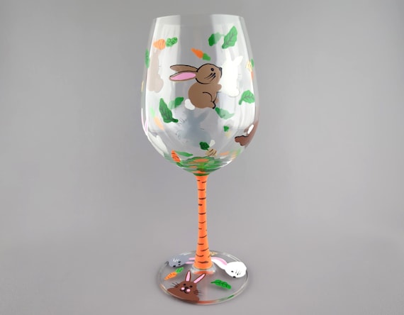 Bunny Themed Wine Glass - Hand Painted - Rabbits Having Fun & Their Favorite Snacks - Great for Easter!