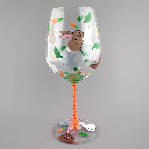 Bunny Themed Wine Glass - Hand Painted - Rabbits Having Fun & Their Favorite Snacks - Great for Easter!