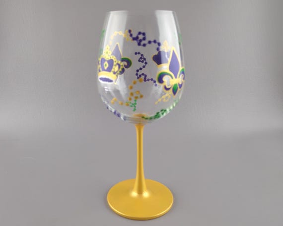 Mardi Gras Stemmed Wine Glass - Hand Painted - Crown, Beads, Fleur De Lis, Party, Colorful