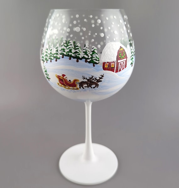 Winter Snow Scene Wine Glass - Stemmed - Hand Painted - Pine Trees, Cabin, Barn, Santa Sleigh, Children & Snowman