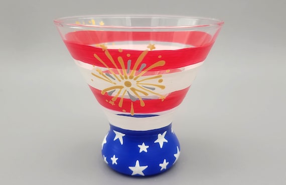 Patriotic Stemless Cocktail Glass - USA Theme - Red, White, Blue, Fireworks, Flag - 4th of July, Memorial Day - Martini