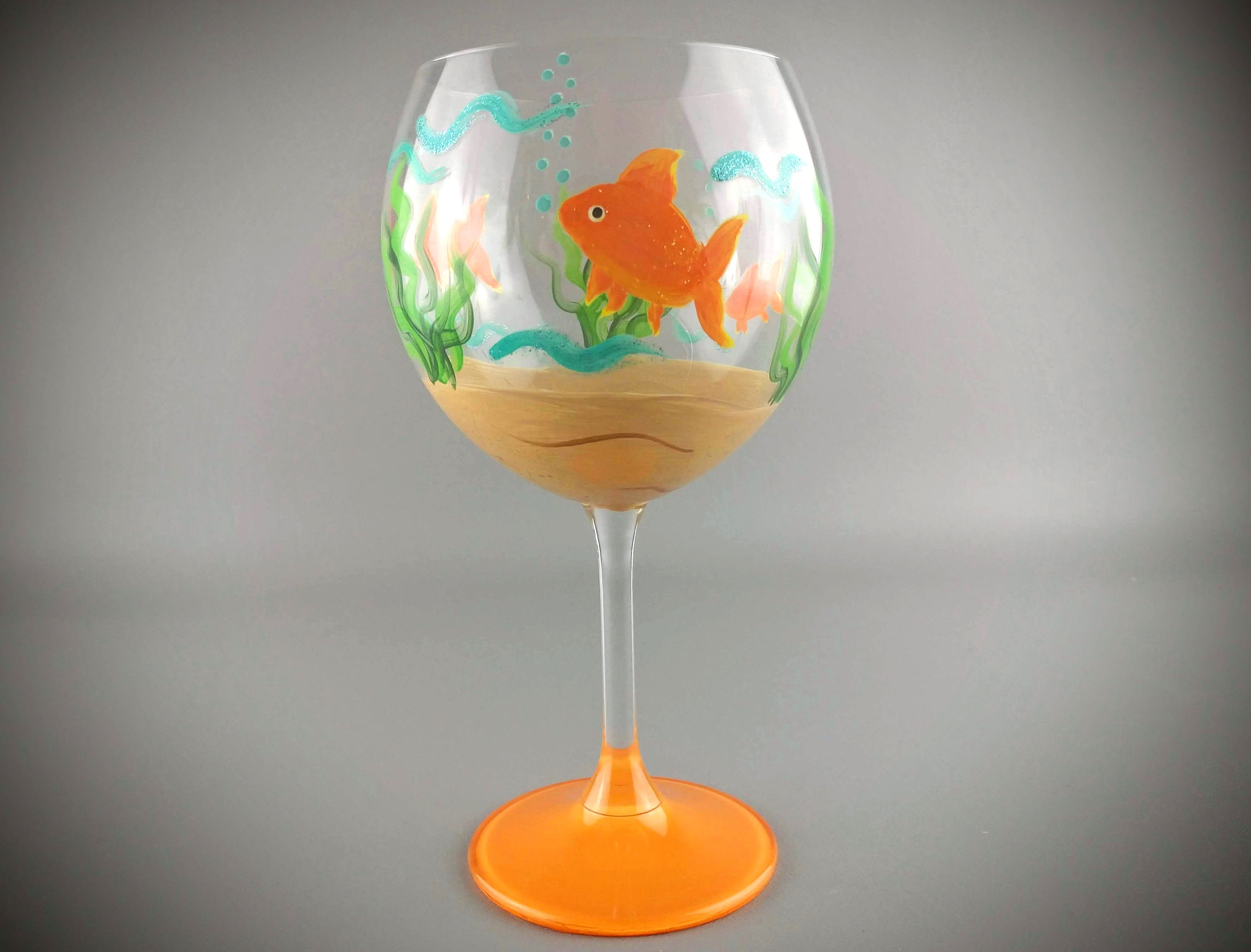 Fish Bowl Wine Glass Hand Painted Gold Fish Seaweed Etsy