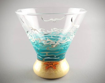 Beach Stemless Cocktail Glass - Martini, Wine, Cosmo, Cocktails - Tropical, Ocean, Waves, Seagulls, Sand, Starfish