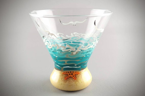 Beach Stemless Cocktail Glass - Martini, Wine, Cosmo, Cocktails - Tropical, Ocean, Waves, Seagulls, Sand, Starfish