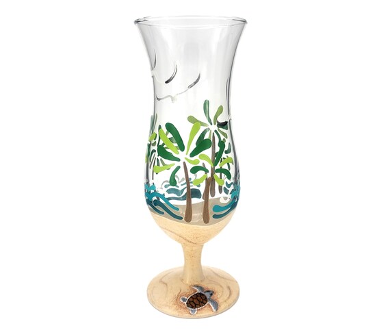Tropical Scene Hurricane Glass - Hand Painted - Beach, Sea Turtle, Palm Trees, Seagulls - Daiquiri, Cocktails - 15 ounce