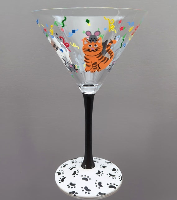 Cat Party Martini Glass Hand Painted Fun Cats Partying With Mice Cocktail  Glasses 