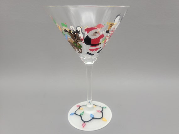 Christmas Parade Martini Glass - Hand Painted - Santa Claus, Reindeer, Elf, Snowman, Penguin, Lights - Holiday Cocktail Glasses