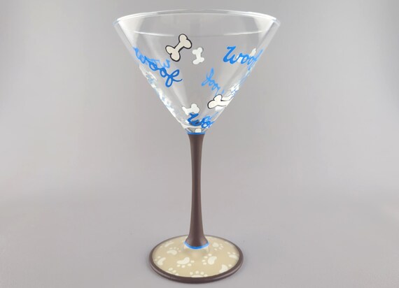 Woof Dog Hand Painted Martini Glass - Dog Bone, Paw Prints - Cocktail Glass - Personalized Martini Gift for Dog Lover