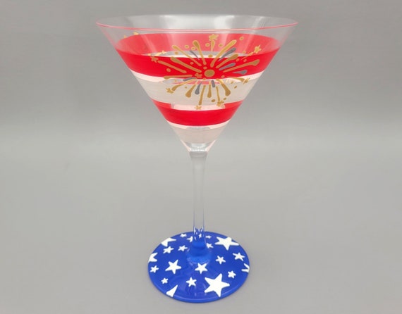 Patriotic Martini Glass - USA Theme - Red, White, Blue, Fireworks, Flag, Stars - 4th of July, Memorial Day - Cocktail glasses