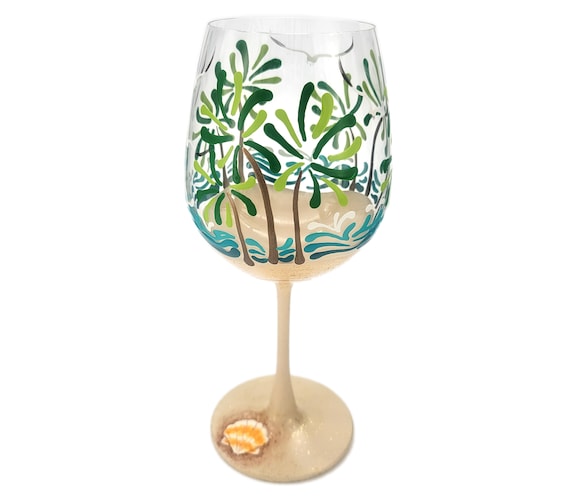 Tropical Scene Wine Glass - Hand Painted - Beach Theme - Palm Tree, Waves, Sparkly Sand, Seagulls - Summer Cocktail