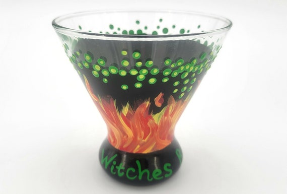 Witches Brew Cocktail Glass - Hand Painted Halloween Party Glass - Stemless Martini - Witch Cauldron - Flames, Green Bubbles, Buckle