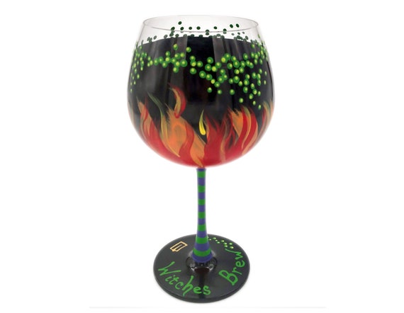 Halloween Witches Brew Wine Glass, Hand Painted Halloween Party Wine Glass, Witch Cauldron with Flames, Green Bubbles, Stripes and Buckle