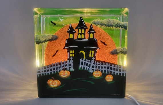 Haunted House Scene Lighted Glass Block - Halloween, Moon, Jack O Lantern, Bats, Spooky - Electric Single Light