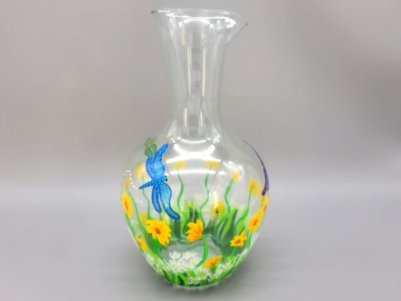 Meadow Flowers and Dragonfly Glass Pitcher - Hand Painted - Iced Tea, Water, Lemonade Pitcher - Hand blown