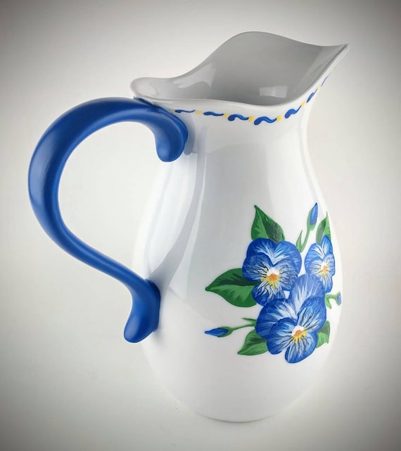 Hand Painted Water Pitcher - Blue Flower - Porcelain - Blue Pansies - large pitcher