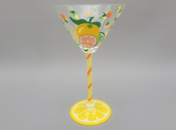 Citrus Themed Martini Glass - Hand Painted - Lemon, Lime, Orange - Bright, Summer Cocktail Glass