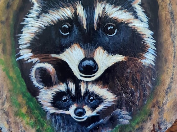Raccoon Painting on Wood Slice, Woodland Animal Wall Art, Rustic Nature Decor – “The Watching Place”