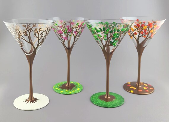 Four Seasons Tree Themed Martini Glasses - Set of 4  - Winter, Spring, Summer, Fall - Hand Painted - 10 ounce Glasses