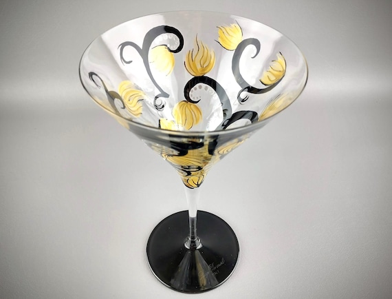 Hand Painted Fancy Martini Glass Black, Gold and Silver Elegant Swirls,  Flowers, Dots Personalized Cocktail Glasses -  Norway