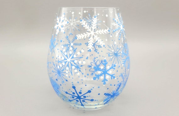 Snowflake Hand Painted Stemless Wine Glass -  Blue & White Snow Flakes - Pretty Winter Wine Glass - Seasonal