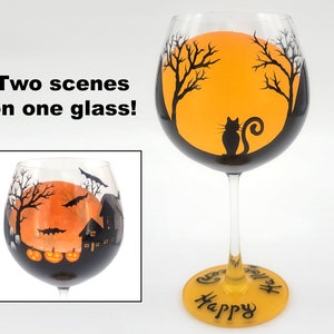 Happy Halloween Hand Painted Wine Glass - Moon, Black Cat, Haunted House, Graveyard, Bats, Pumpkins, Spooky, Cute