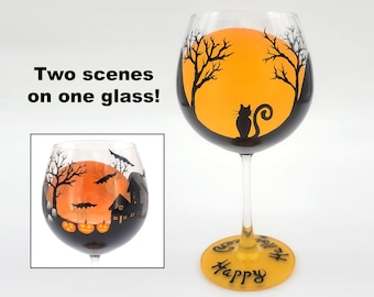 Happy Halloween Hand Painted Wine Glass - Moon, Black Cat, Haunted House, Graveyard, Bats, Pumpkins, Spooky, Cute