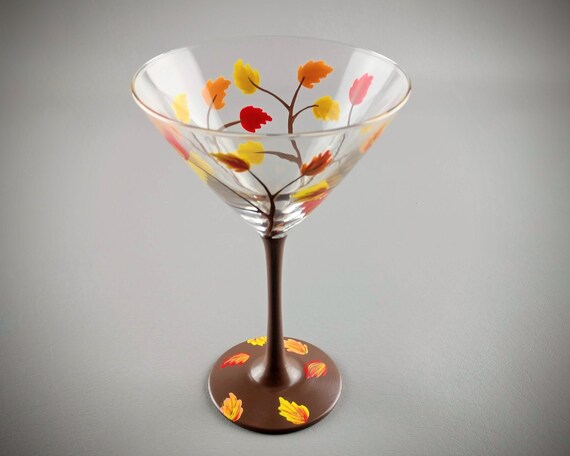 Fall Leaf Martini Glass - Hand Painted - Swaying Autumn Leaves - Red, Yellow, Orange - Cocktail Glasses