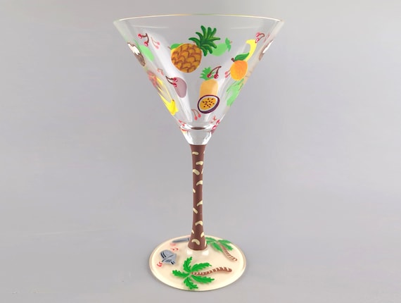 Tropical Fruit Martini Glass - Hand Painted - Pineapple, Mango, Banana, Coconut, Lime, Passion Fruit, Cocktail Shakers & Palm Trees